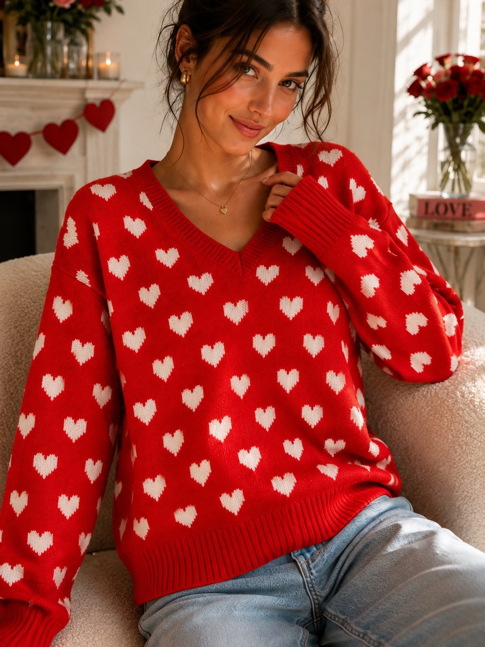NWT CeCe Women’s Red White Heart Print V-Neck Valentine Oversized Sweater Medium